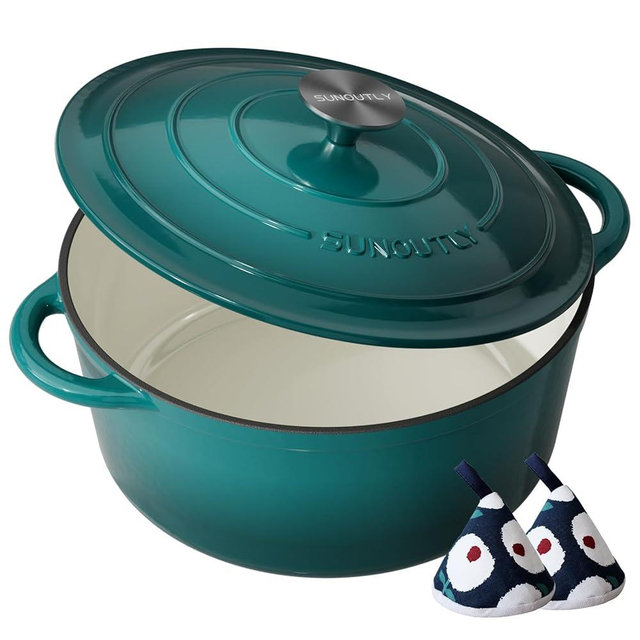Enameled Cast Iron Dutch Oven - 7.5QT Pot with Lid & Cotton Potholders - Heavy-Duty Cookware for Braising, Stews, Roasting, Bread Baking, Oven Safe up to 500°F & Across All Stovetops, Bottle Green
