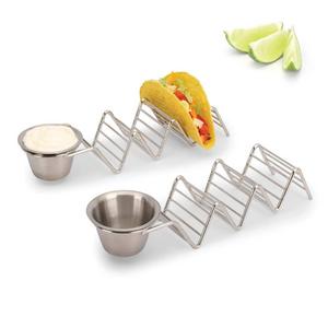 2LB Depot - 2 Lb. Depot Taco Holder with Salsa, Guacamole Cup, Premium 18/8 Stainless Steel, Each Stand Holds 3 Hard Shell Tacos, Set of 2