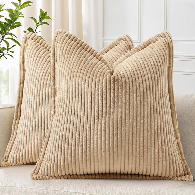 decorUhome Corduroy Light Brown Throw Pillow Covers 24x24 Set of 2 Decorative Soft Boho Striped Neutral Euro Farmhouse Couch Pillow Cases with Broadside for Living Room Bed Sofa
