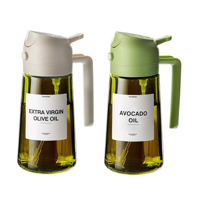 TrendPlain - 16oz Olive Oil Dispenser for Kitchen - 2 in 1 Olive Oil Dispenser and Oil Sprayer - Olive Oil Dispenser Bottle w/Stickers - Olive Oil Sprayer for Cooking 2Pcs White&Green (Light Blockage)