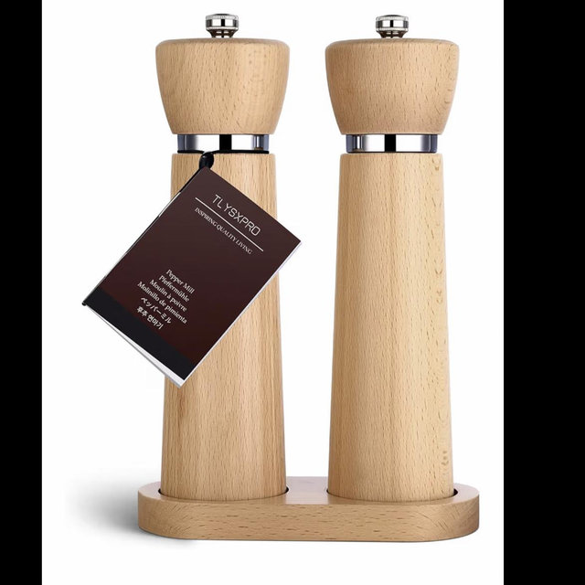 Wooden Salt and Pepper Grinder Set – Refillable Salt and Pepper Mill with Adjustable Upgraded Large Size Ceramic Burr – Manual Pepper Grinder with Beech Wood Body – 8.3” Tall