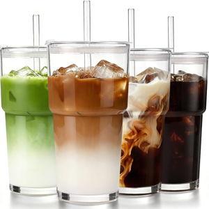 Iced Coffee Cups with Lids: Coffee Bar Accessories - Tumbler Leak Proof for To Go Iced Coffee Cups with Lids 4 Pack - 20 oz Glass Cups with Lids and Straws - Thickened Glass Tumbler with Straw and Lid