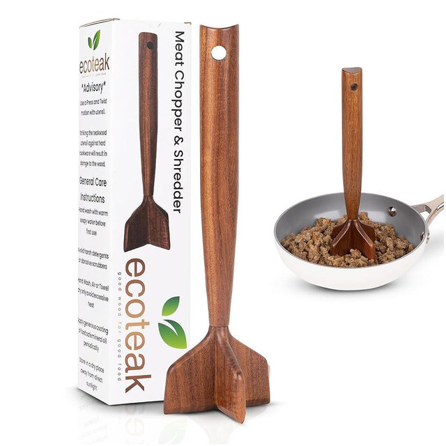 EcoTeak Teak Wooden Meat Chopper, Ground Beef Chopper Tool, Hamburger Smasher, Potato Masher & Chicken Shredder, Durable Wood Meat Pounder Kitchen Utensil, Cooking Gadget 10.5 Inches