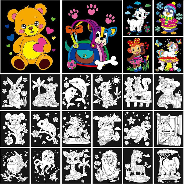 Zhanmai 48 Pack Velvet Coloring Posters Fuzzy Velvet Coloring Posters DIY Crafts for Kids Color Your Own Poster Bulk for Holiday School Home Party Activities(Animal)