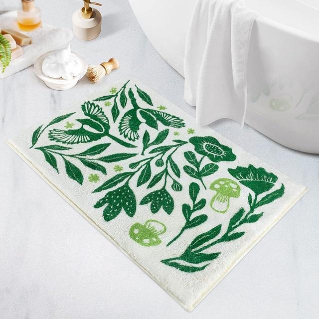 SHIYUE Green Bathroom Rugs Bath Mat, Microfiber Fluffy Soft Floor Mats for Bathroom, Non-Slip and Waterproof Back Soft Bathmat, for Indoor Shower Bathtub Decoration (Cute Flowers Birds 18x26in)