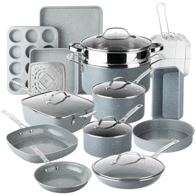 Granitestone Ceraluxe Pots and Pans Set 20 Pc Grey Ceramic Nonstick Cookware and Bakeware Set