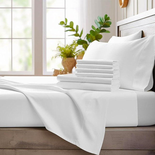 Bamboo Bay 7 Piece Split King Sheets Sets for Adjustable Bed - 100% Viscose Made from Bamboo - Ultra Soft Cooling Sheets for Hot Sleepers - Split King Sheet Set Fits Up to 16" Deep Pocket - White