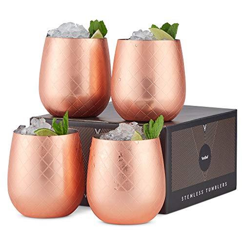 VonShef Copper Stemless Wine Glasses, Etched Copper Stainless Steel Tumblers, 12oz Cups, Set of 4 Wine Drinks Tumbler with Gift Box