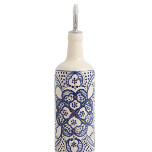 Tunis Ceramic Olive Oil Dispenser Bottle for Kitchen - Dripless Olive Oil Dispenser Bottle with Rubber and Stainless Steel Pour Spout - Handcrafted African Art - Cool Kitchen Tools & Gadgets (22 oz)