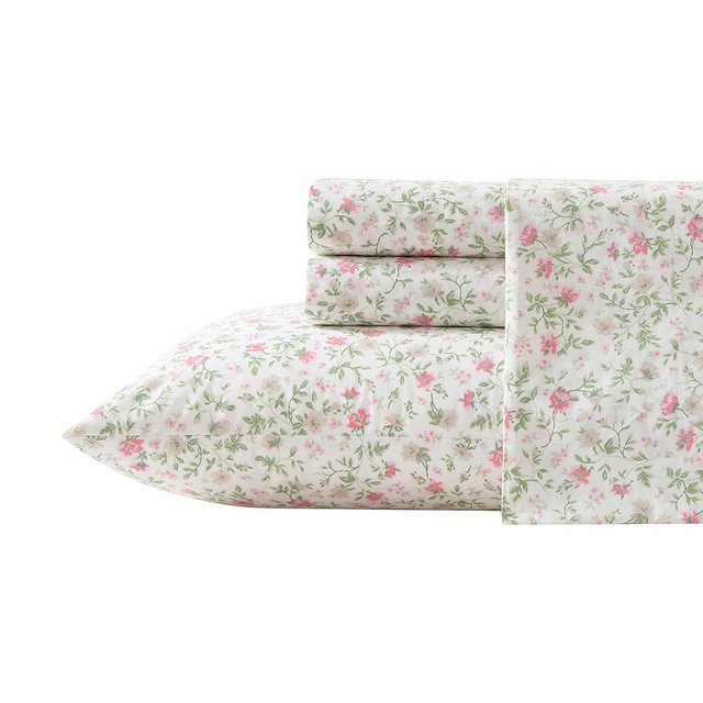 Laura Ashley - Queen Sheet Set, Super Soft Cotton Percale Bedding Set with Matching Shams, Oeko-Tex Certified (Bonnie Pink, Queen)