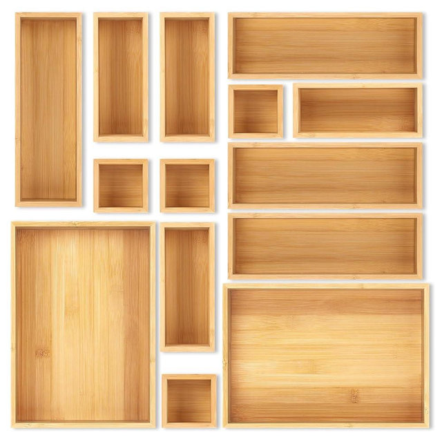 Bamboo Drawer Organizer Set, 14 PCS Multi-Use Individual Wood Storage Organizers, Junk Drawer Divider and Storage Trays Containers for Kitchen, Bathroom, Office Desk, Makeup, Jewelry, Utensils