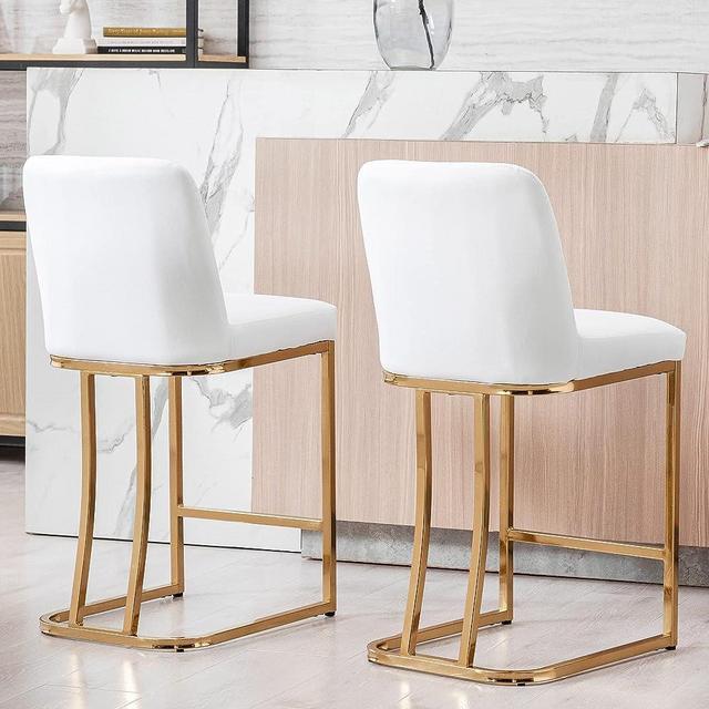 HNY Modern Counter Height Bar Stools Set of 2, 24inch PU Leather Upholstered Counter Stools for Kitchen Counter Island Pub Bar Dining Room, with Golden Metal Frame, White