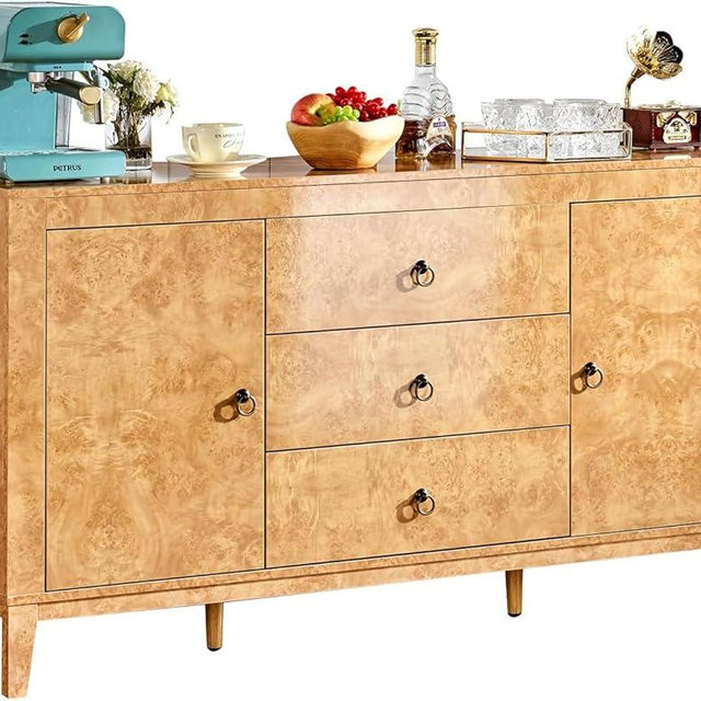 AMERLIFE 60" High Gloss Burl Buffet Sideboard Storage Cabinet, Large Wood Sideboard with Drawers, Retro Handles, Heavy Duty Coffee Wine Bar Buffet Table for Dining Room, Living Room, Yellow