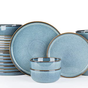 GBHOME Ceramic Dinnerware Sets for 8, 24 Pieces Stoneware Plates and Bowls Sets, Scratch Resistant Dishes, Dishwasher & Microwave Safe, Reactive Glaze-Space Blue