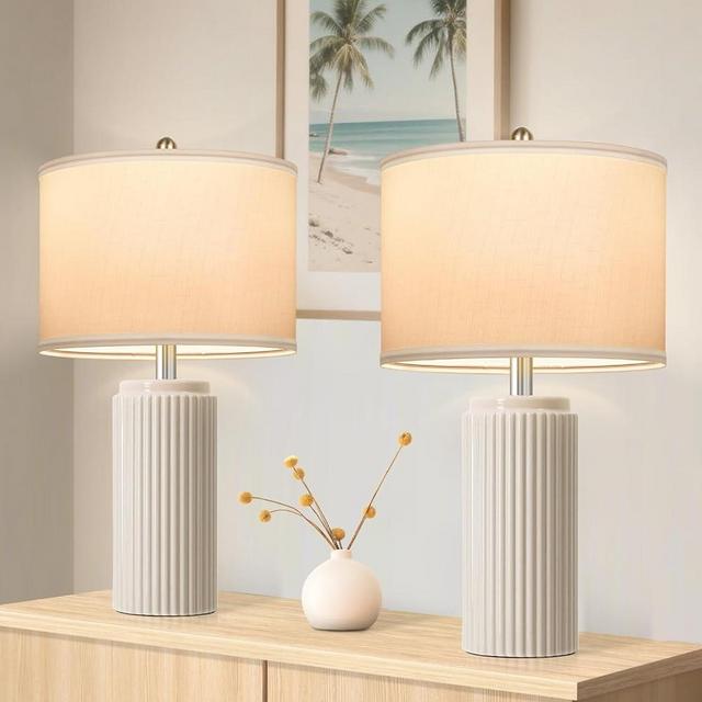 23.5’’ Beige Modern Ceramic Table Lamps Set of 2 for Living Room, Farmhouse Bedside Lamps with Upgraded White Linen Shade, Rustic Nightstand Lamps for Bedroom Home Office, Vintage End Table Dorm