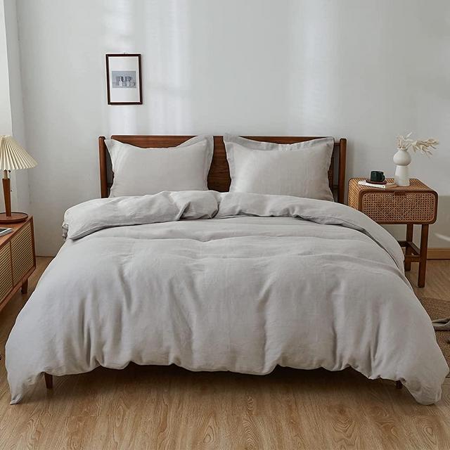 Simple&Opulence 100% Linen Duvet Cover Set with Washed-French Flax-3 Pieces Solid Color Basic Style Bedding Set-Breathable Soft Comforter Cover with 2 Pillowshams(Queen,Light Grey)