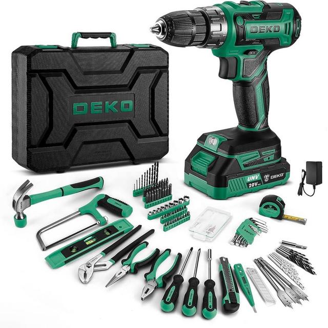 Green Drill Tool Kit Set: 20V Cordless Power Drill Tool Box with Battery Electric Drill Driver for Men Home Hand Repair Basic Toolbox Tools Sets Drills Case