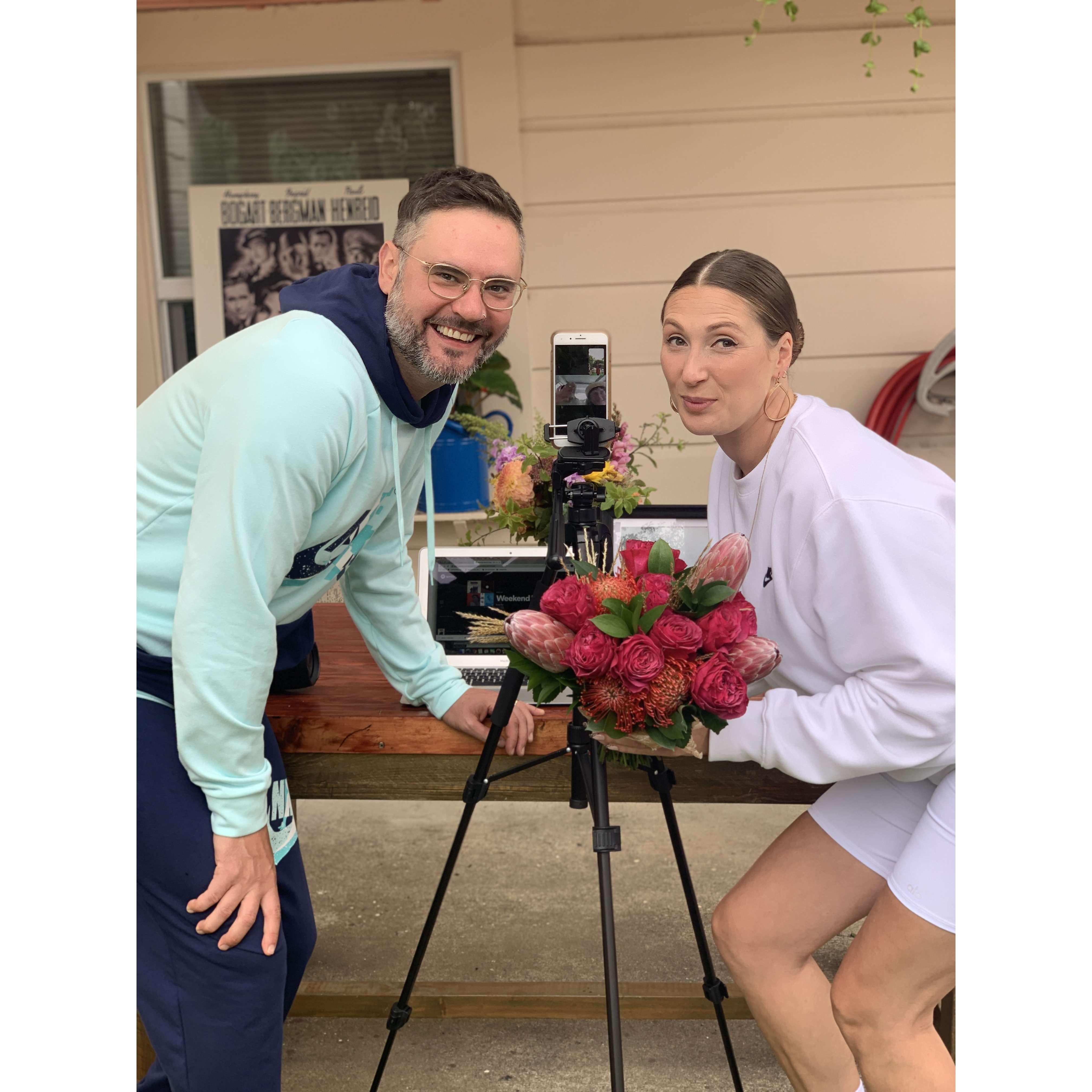 Emily & Mo, right after their nuptials, with Mo's parents, Jill & John, via technology!