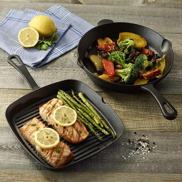 Cuisinart CIPS3022-2324 Pre-Seasoned Cast Iron 9.25" Square Grill and 10" Round Fry Pan (2 Pack), Black