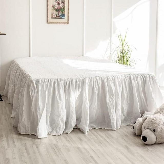 Simple&Opulence 100% Belgian Linen Bed Skirt with Classic 16 inch Tailored Drop Dust Ruffle, Easy Fit Breathable Premium Natural Flax- Pleated White,King