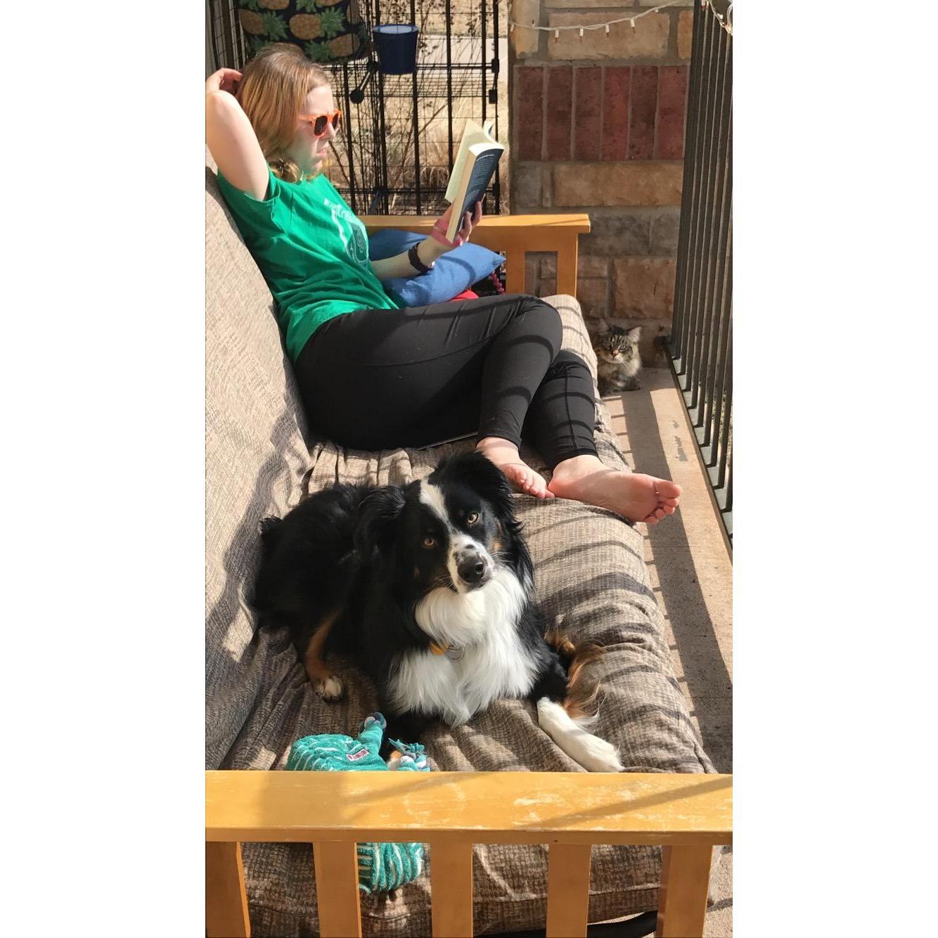 Enjoying the summer sun on our patio in Oklahoma! Where's Roma? :p