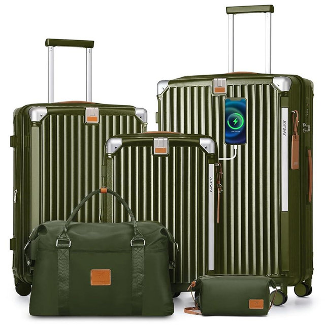Joyway 5 Piece Luggage Set with Cup Holder, Expandable 20% Capacity, Includes Handbag, Anti Slip Wheels, Hook, Smart Carry On Suitcase for Men and Women, Spinner Travel DarkGreen