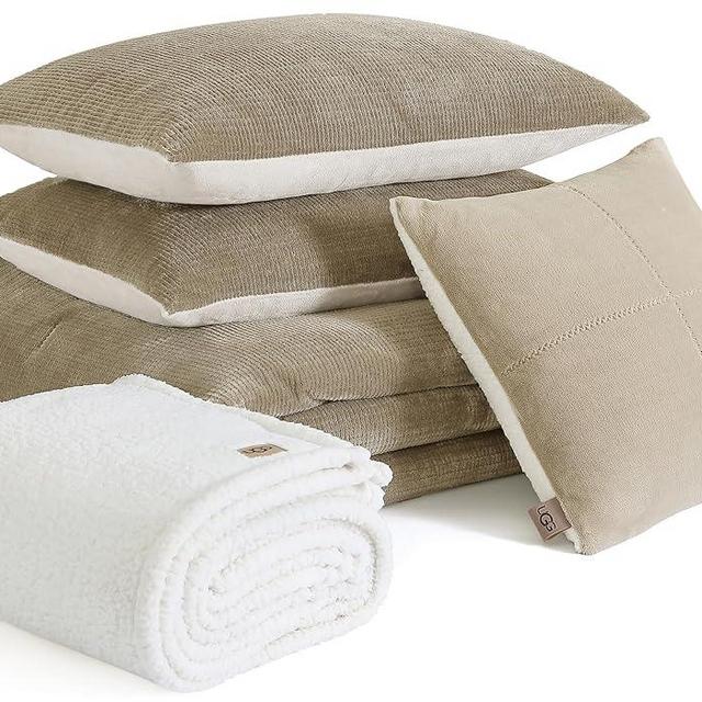 UGG 32540 Remina King-California King 5-Piece Comforter Set Luxurious Comforter and Two Shams with 18 x 18-inch Decorative Throw Pillow and 50 x 60-inch Throw Blanket, King, Birch