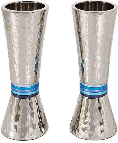 Yair Emanuel Cone Shaped Hammered Nickel Candlesticks Designed Colored Rings (Blue Rings)