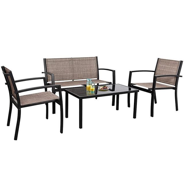 Flamaker 4 Pieces Patio Furniture Outdoor furniture Outdoor Patio Furniture Set Textilene Bistro Set Modern Conversation Set Black Bistro Set with Loveseat Tea Table for Home, Lawn and Balcony (Brown)