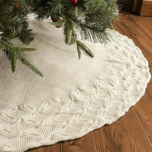 LimBridge Knitted Christmas Tree Skirt: 48 Inches Cream White Tree Skirt, Crossed Willow Leaf Edge Cable Knit Rustic Christmas Tree Decorations, Christmas Decor Xmas Holiday Home Party Decorations