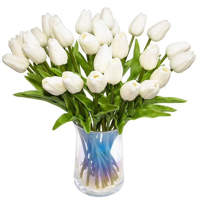 JOEJISN 30pcs Artificial Tulips Flowers Real Touch Tulips Fake Holland PU Tulip Bouquet Latex Flower White Tulip for Wedding Party Office Home Kitchen Decoration (Pure White)
