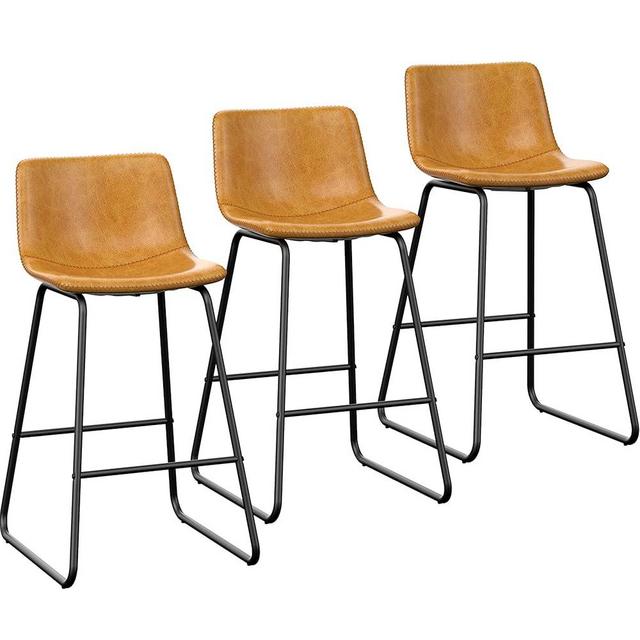 REONEY Bar Stools Set of 3, Faux Leather Counter Height Stools, 26" Modern Bar Stools with Metal Legs and Footrest, Urban Armless Counter Chairs with Back for Kitchen Island (Brown)