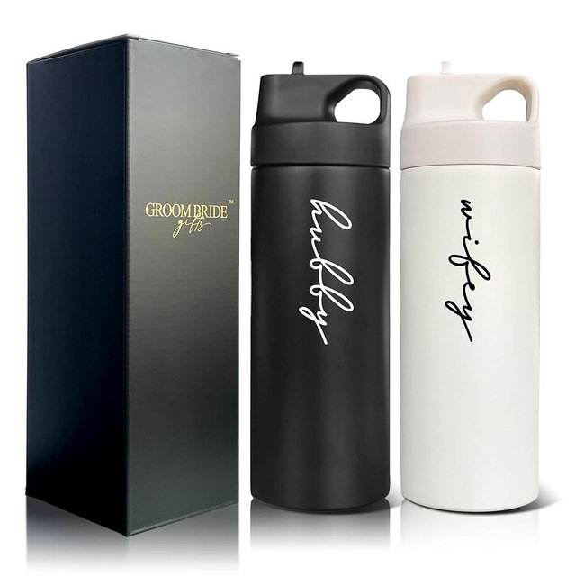 Mr&MrsGifts Couples Gifts Travel Tumblers Set of 2 Hubby and Wifey Honeymoon Travel Mugs 16oz Double-Walled Insulated Cups for Wedding Bridal Shower Gifts(XZ-HW)
