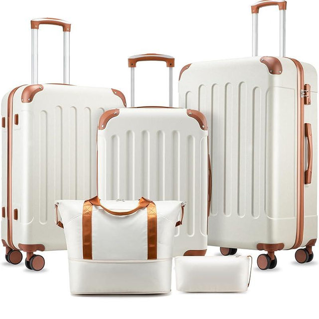 YOETEY Luggage Sets 5 Piece, Hardside Suitcase with Wheels, TSA Approved, White Brown