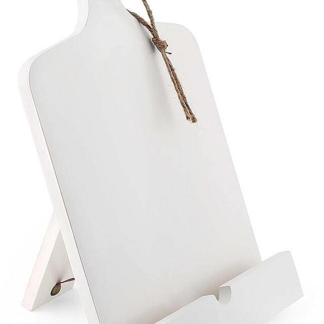Saverstate Rustic White Wooden Cookbook Stand with Cutting Board Design, Hands Free Recipe Book Holder, Wall Mountable iPad Tablet Stand