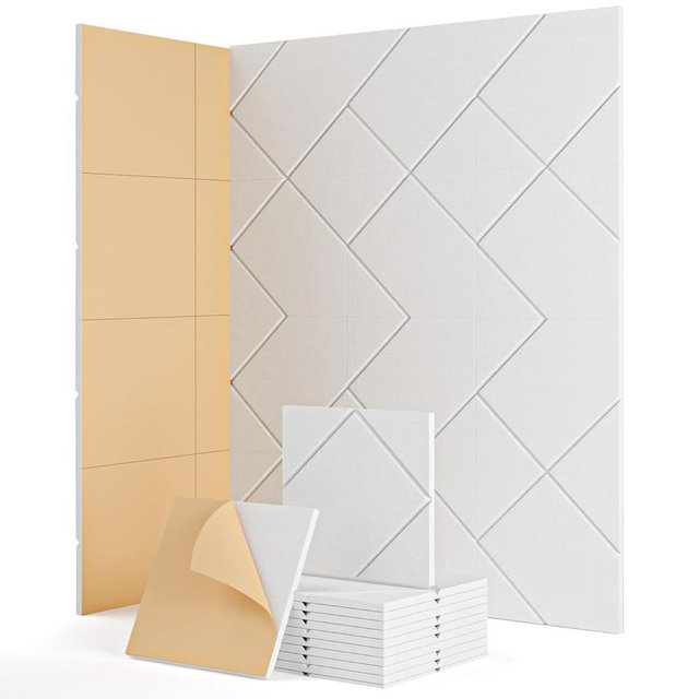Acoustic Panels, Soundsbay Sound Proof Panels for Walls, 12 Pack Soundproof Wall Panels Self Adhesive High Density Acoustic Panels Sound Absorbing for Office/Ceiling/Door U-Line 12"×12"×0.4", White