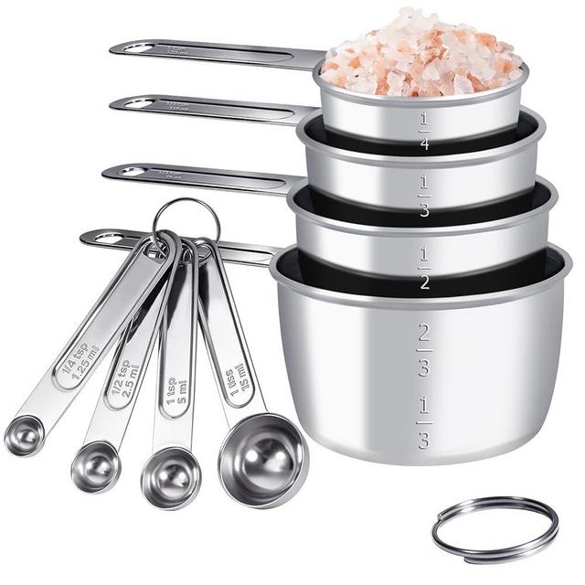 Pwnllaf Stainless Steel Measuring Cups and Spoons Set, 8 PCS Long Handle Measure Cups and Spoons Premium Stackable Measuring Cups for Kitchen Cooking & Baking, Dry & Liquid Dishwasher Safe