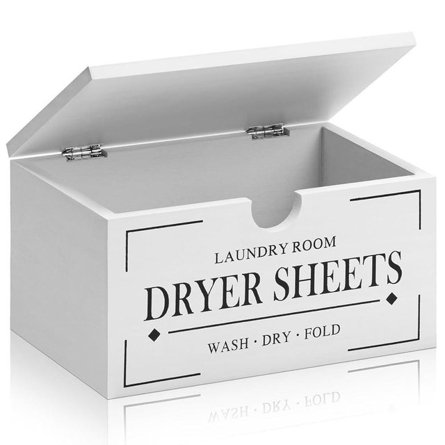 HouseJoy Dryer Sheet Holder-White Dryer Sheet Container with Lid,Rustic Farmhouse Wooden Dryer Sheet Dispenser for Fabric Softener Sheets,Laundry Room Decor Organization/Storage