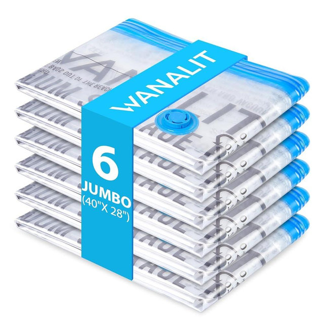 6 Pack Jumbo Vacuum Storage Bags (40"x28"), Reusable Vacuum Sealer Compression Space Saver Bag for Clothes, Mattress, Blanket, Duvets, Pillows, Comforters, Quilt, Travel (Pump Not Included)