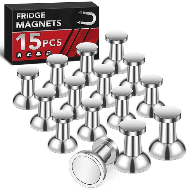 TOP MAGNETS Fridge Magnets for Whiteboard, 15 Pcs Refrigerator Magnets Strong Magnets for Office, Small Neodymium Magnets，Black Push Pins Magnets for Kitchen, Classroom, Locker, Home, Map