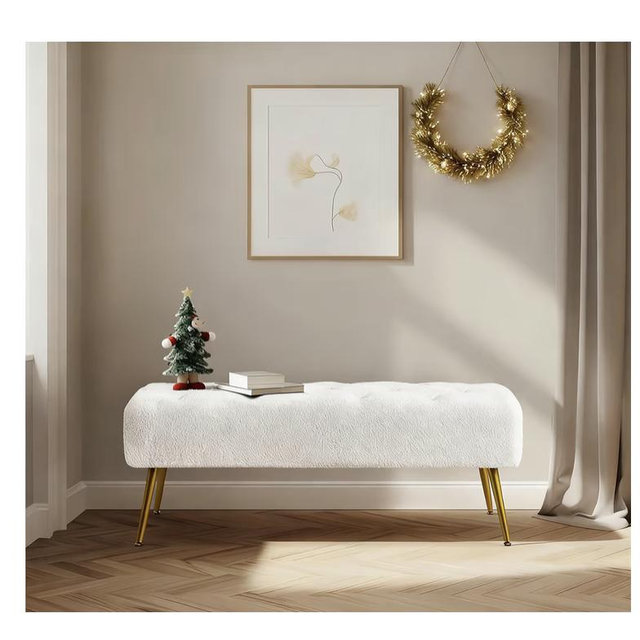 Yaheetech Modern Ottoman Bench Boucle Bench Upholstered Footrest for Living Room with Gold Metal Legs and Padded Seat Ivory