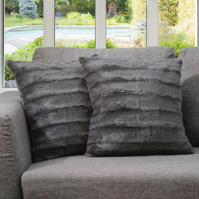 Cheer Collection Luxurious Faux Fur Throw Pillows Set of 2 - Gray