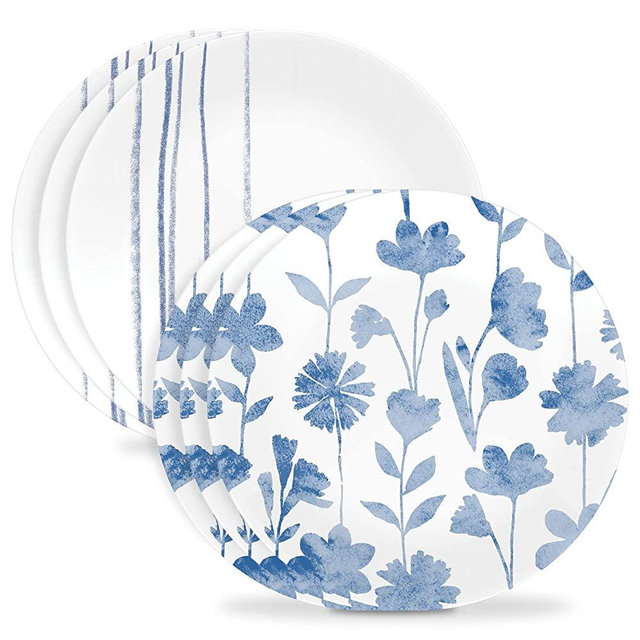 Corelle 6-Piece 8.5" Lunch Round Plates, Vitrelle Triple Layer Glass, Lightweight Round Plates, Salad Plates, Chip and Scratch Resistant, Microwave and Dishwasher Safe, Botanical Stripes