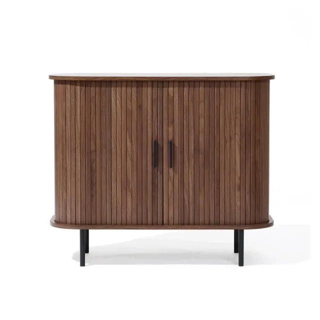 LuxenHome Mid-Century Modern 2-Door Accent Cabinet with Slatted Sliding Doors, Dark Oak Brown