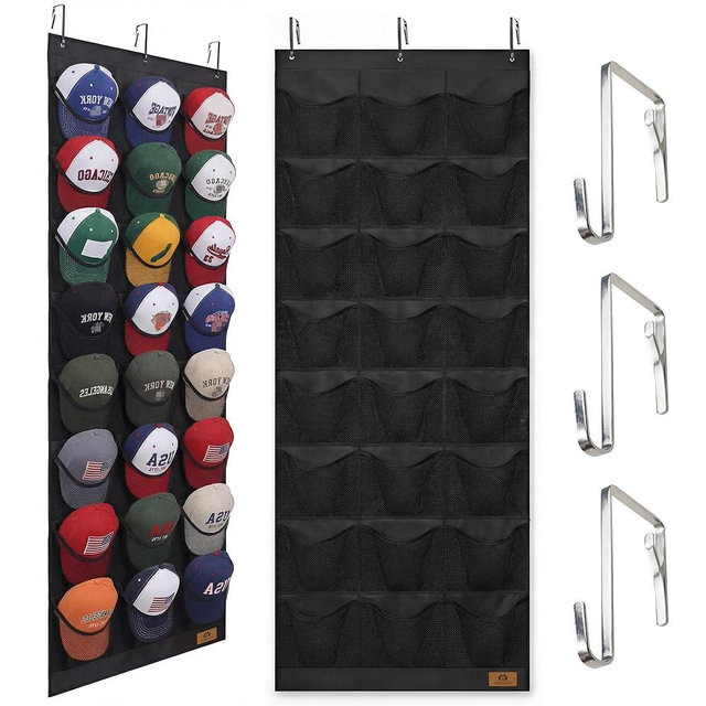 Amoowis Hat Organizer for Baseball Caps, 24 Deep Pockets Hat Rack, Breathable & Visible, Black Hat Holder with 3 Hooks for Door, Bedroom, Closet Organizer