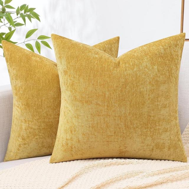 decorUhome Couch Throw Pillow Covers 18x18 Set of 2, Decorative Soft Chenille Solid Dyed Pillow Covers for Sofa Bed Living Room, Mineral Yellow