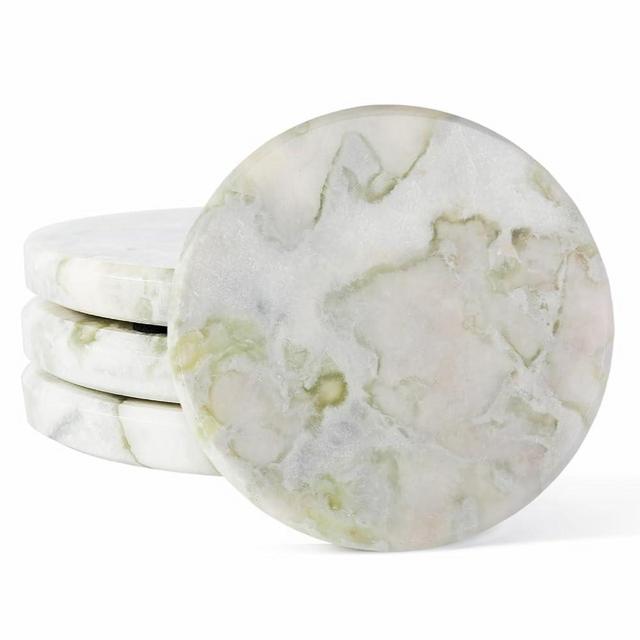 Koville Marble Coaster Set of 4, Round White Coasters, 4" Cup Coasters for Drinks, Heat Resistant Coaster for Coffee Table Home Office Bar Decor(Bianco Palomino)