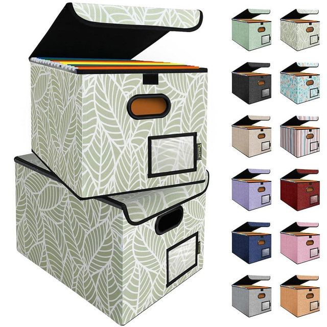 BALEINE File Organizer Box with Lid, Collapsible File Folder Organizer with Plastic Slide, Hanging File Folder Box for Office Document Storage (2 Pack, Antique Foliage)