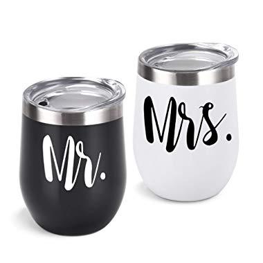 Mr and Mrs Wine Tumbler Set, Wedding Tumbler Gift for Newlyweds Couples Bride and Groom His and Her Bride to Be, 12 Oz Mr Mrs Insulated Wine Tumbler for Bridal Shower Engagement Honeymoon, Set of 2