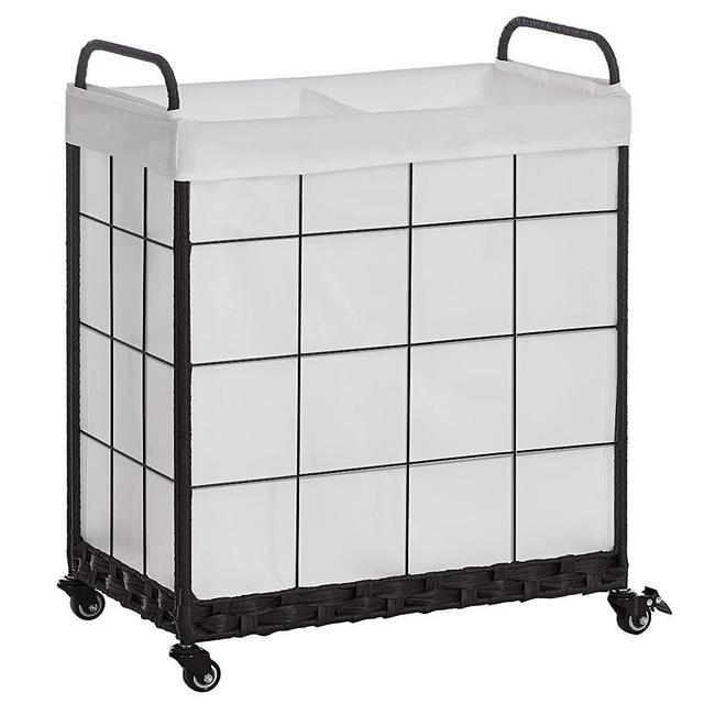 Laundry Hamper with Divided Liner Bag; Collapsible Laundry Basket with Rolling Lockable Wheels; Clothes Hamper with Metal Handle; Laundry Sorter with Removable Liner Bag (White)